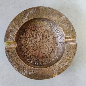 Intricate Hand Etched Vintage Brass  Ashtray Made In India